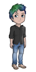 Male human avatar with blue and green hair, black shirt, and blue jeans.