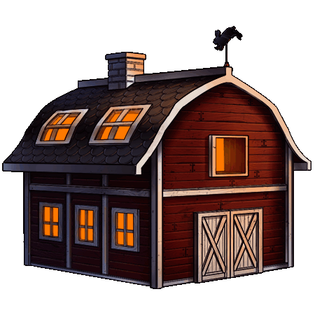 Red barn with white roof, frames, and door.