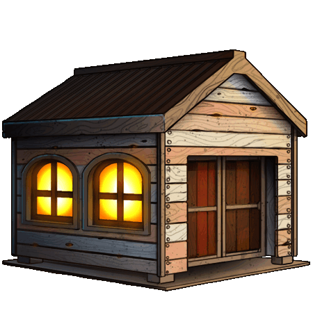 White shed with brown roof, frames, and door.